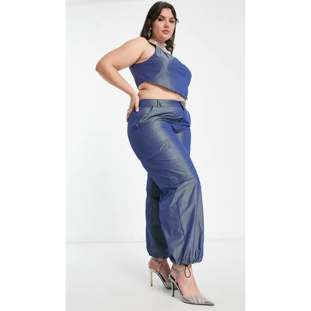 ASOS Curve pant Iridescent Blue Cargo Parachute toggle fun Adjustable Hem‎ US 12